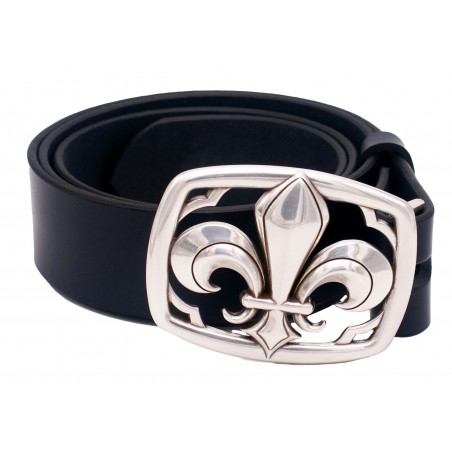 Ceinture artisanale en cuir Bleu marine 4 cm boucle Fleur de Lys 28