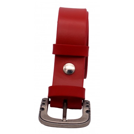 Ceinture artisanale en cuir Rouge 4 cm boucle vieilli 54