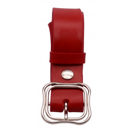 Ceinture artisanale en cuir Rouge 4 cm boucle DOUBLE ARGENTÉ 52