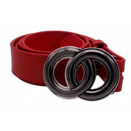 Ceinture artisanale en cuir Rouge 4 cm boucle DOUBLE ANNEAU 51