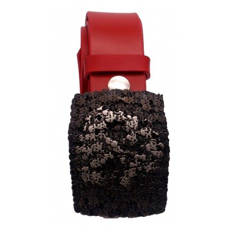 Ceinture artisanale en cuir Rouge 4 cm boucle TÊTE DE MORT 50