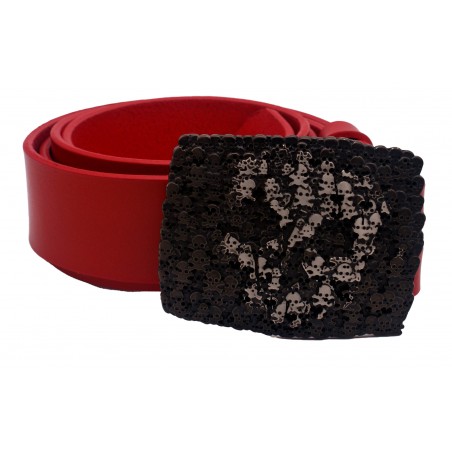 Ceinture artisanale en cuir Rouge 4 cm boucle TÊTE DE MORT 50