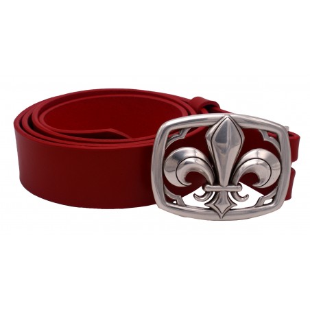 Ceinture artisanale en cuir Rouge 4 cm boucle FLEUR DE LYS 28