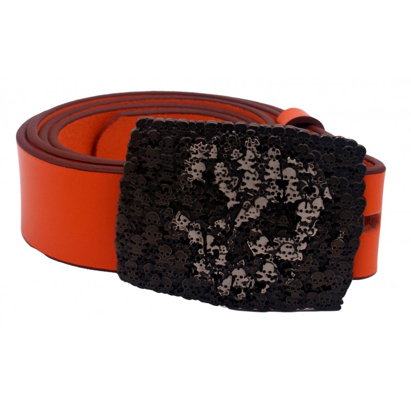 Ceinture Orange 4 cm boucle Tête de mort