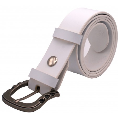 Ceinture artisanale en cuir blanc 4 cm boucle vieilli 54