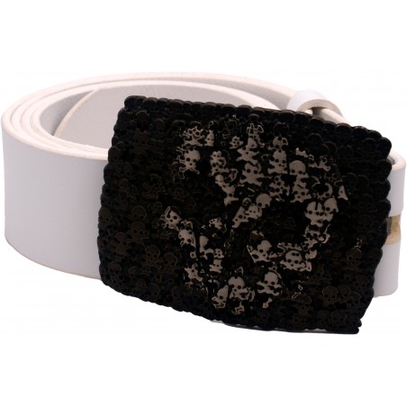 Ceinture artisanale en cuir blanc 4 cm boucle Tête de mort
