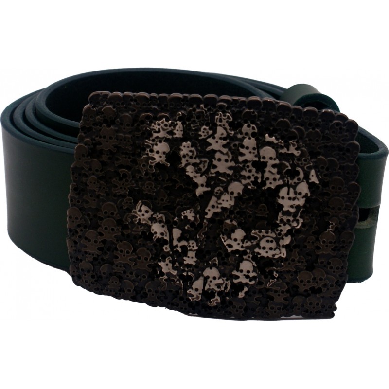 Ceinture artisanale en cuir Vert olive 4 cm boucle Tête de mort 50