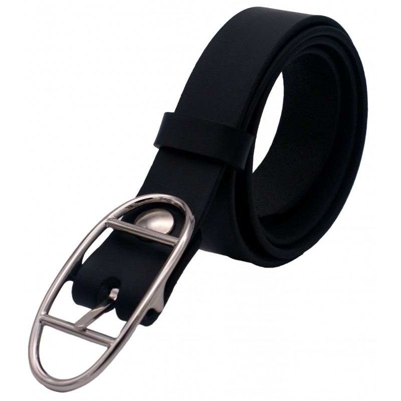 Ceinture noire classique 3 cm boucle double ovale argenté 16