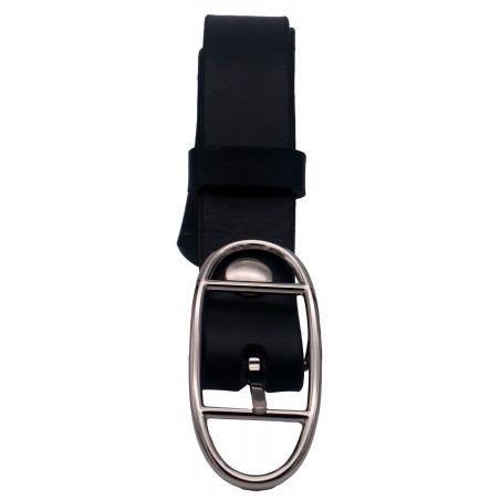 Ceinture noire classique 3 cm boucle double ovale argenté 16