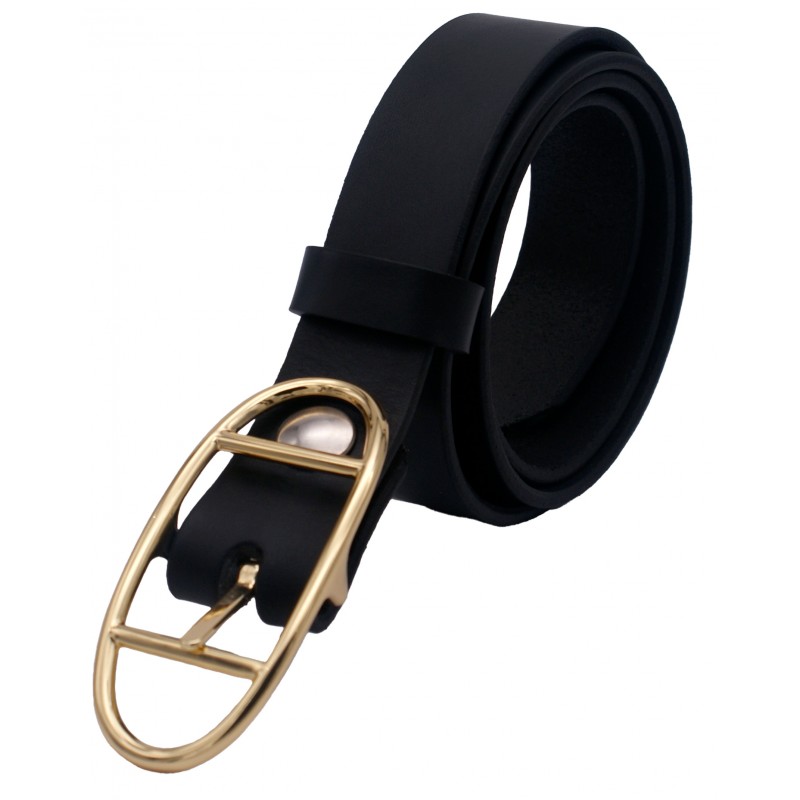 Ceinture noire classique 3 cm boucle double ovale dorée 17