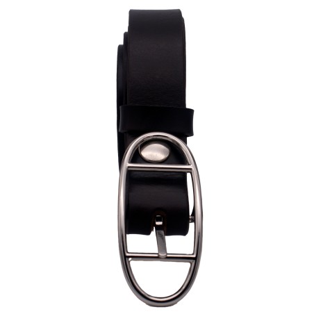Ceinture Marron foncé classique 3 cm boucle double ovale argenté 16