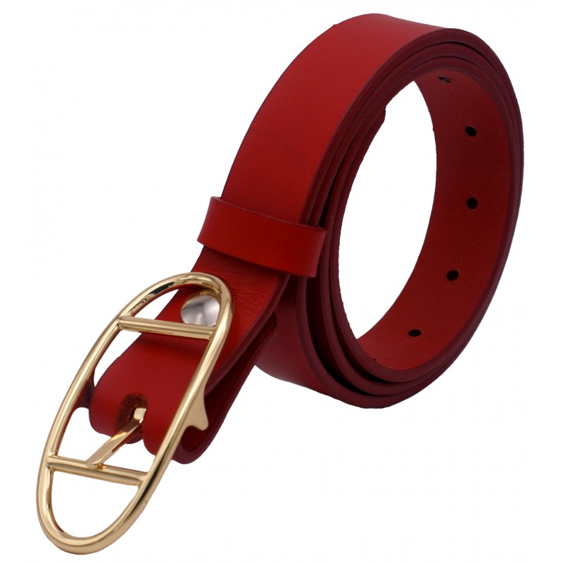 Ceinture en cuir Rouge 3 cm boucle double dorée ovale 17