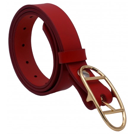 Ceinture en cuir Rouge 3 cm boucle double dorée ovale 17