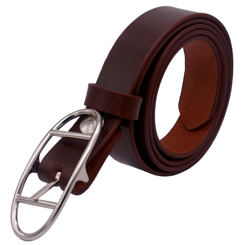 Ceinture Cognac classique 3 cm boucle double argenté ovale 16