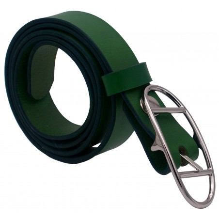 Ceinture Vert Forêt 3 cm boucle double argentée ovale 16