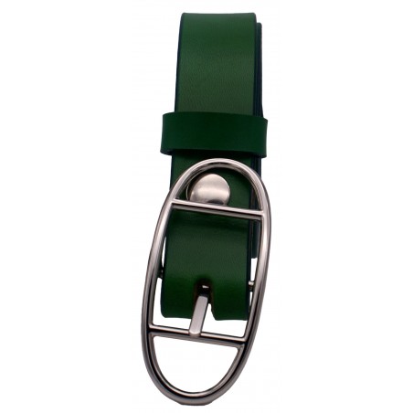 Ceinture Vert Forêt 3 cm boucle double argentée ovale 16
