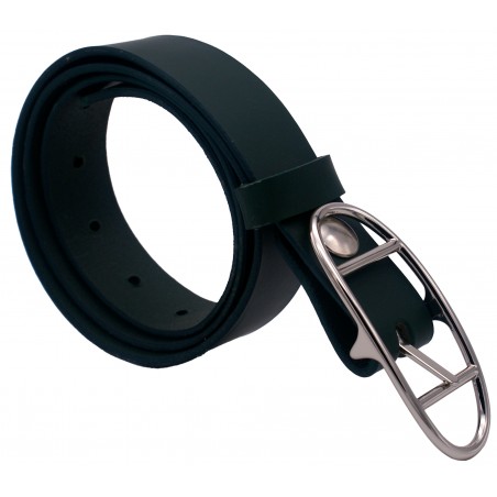 Ceinture artisanale en cuir Vert Olive de 3 cm boucle double argenté ovale 16