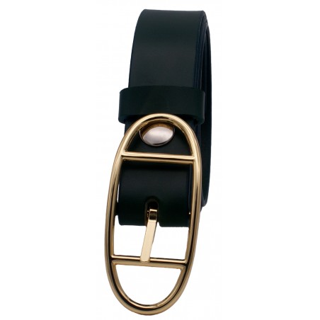 Ceinture artisanale en cuir Vert Olive de 3 cm boucle double dorée ovale 17