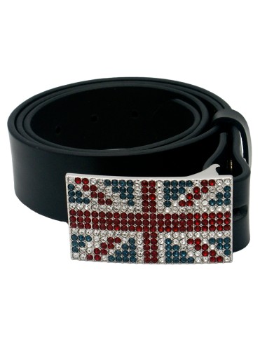 Ceinture en cuir noir 4 cm Boucle Strass Swarovski Anglaise 56