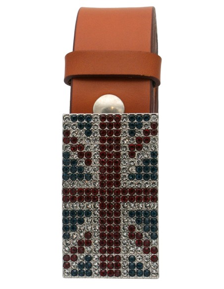 Ceinture en cuir Camel 4 cm Plaque Strass Swarovski Anglaise 56