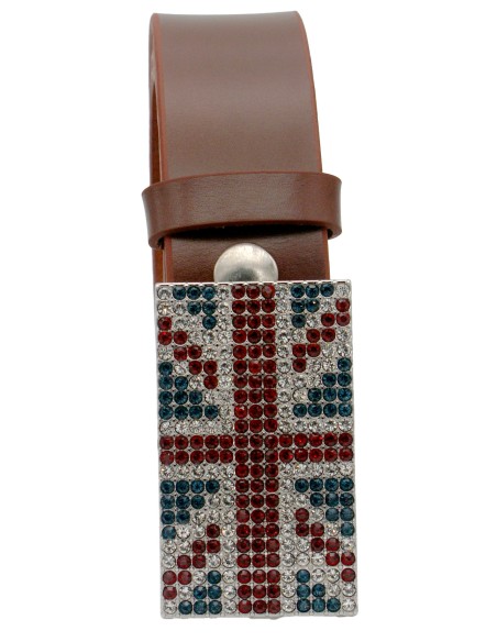 Ceinture en cuir Cognac 4 cm Plaque Strass Swarovski Anglaise 56