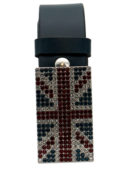 Ceinture en cuir Bleu Marine classique 4 cm Plaque Strass Swarovski Anglaise 56