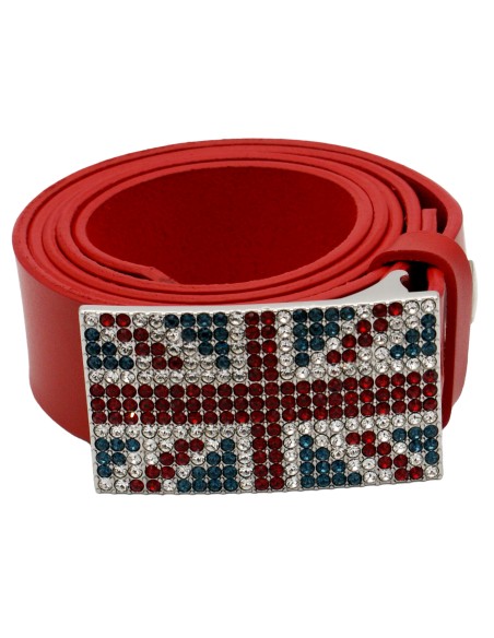 Ceinture en cuir Rouge 4 cm Plaque Strass Swarovski Anglaise 56