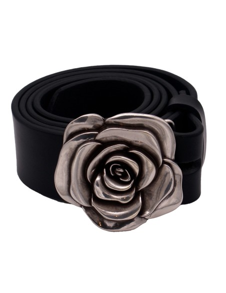 Ceinture en cuir Noir 4 cm Boucle fleur de rose 57