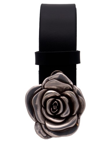 Ceinture en cuir Noir 4 cm Boucle fleur de rose 57