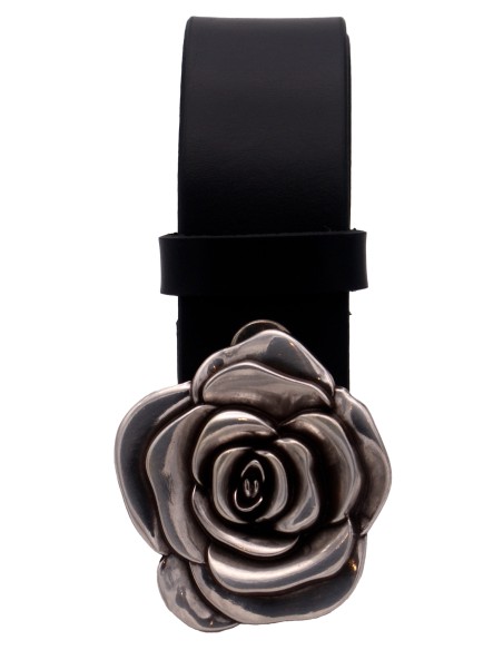 Ceinture en cuir Noir 4 cm Boucle fleur de rose 57