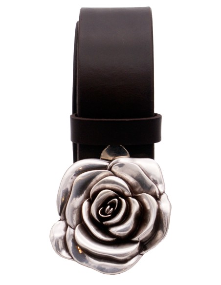 Ceinture en cuir Marron Foncé classique 4 cm boucle Fleur de rose 57