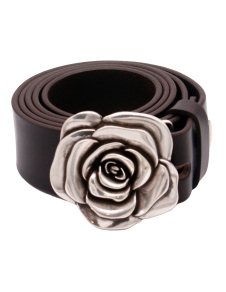 Ceinture en cuir Marron Foncé classique 4 cm boucle Fleur de rose 57