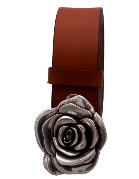 Ceinture en cuir Camel classique 4 cm Boucle Fleur de rose 57
