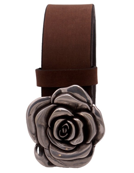 Ceinture en cuir Gris Vieilli classique 4 cm boucle fleur de rose 57