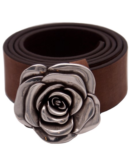 Ceinture en cuir Gris Vieilli classique 4 cm boucle fleur de rose 57