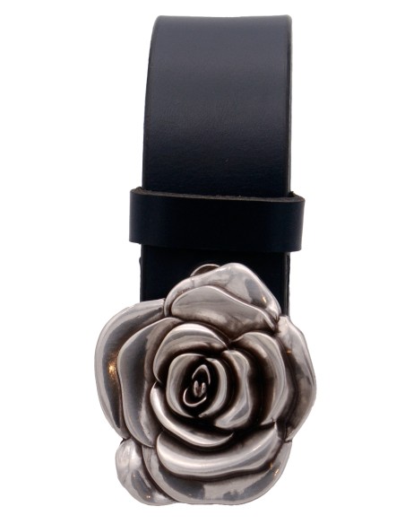 Ceinture en cuir Bleu Marine 4 cm boucle fleur de rose 57