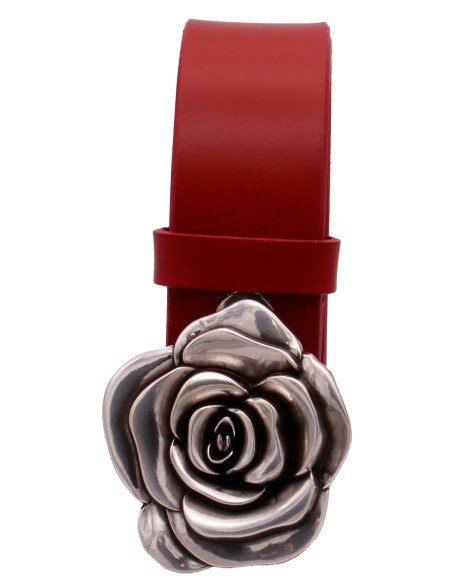 Ceinture artisanale en cuir Rouge 4 cm boucle Fleur de Rose 57