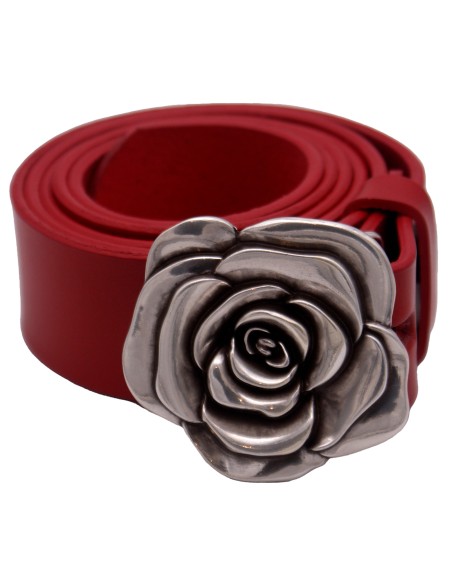 Ceinture artisanale en cuir Rouge 4 cm boucle Fleur de Rose 57