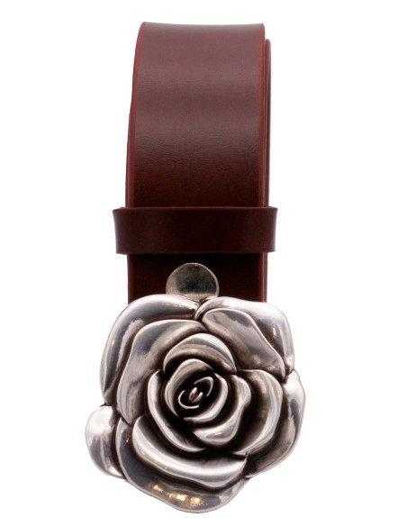 Ceinture Cognac 4 cm boucle Fleur de Rose 57