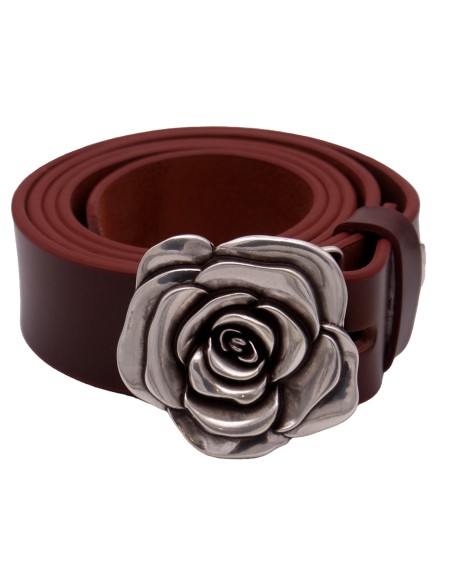 Ceinture Cognac 4 cm boucle Fleur de Rose 57