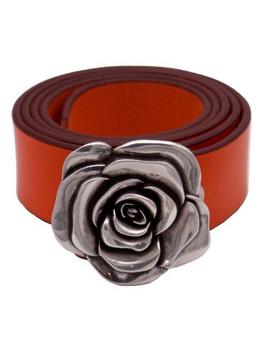 Ceinture en cuir Orange 4 cm boucle Fleur de Rose 57