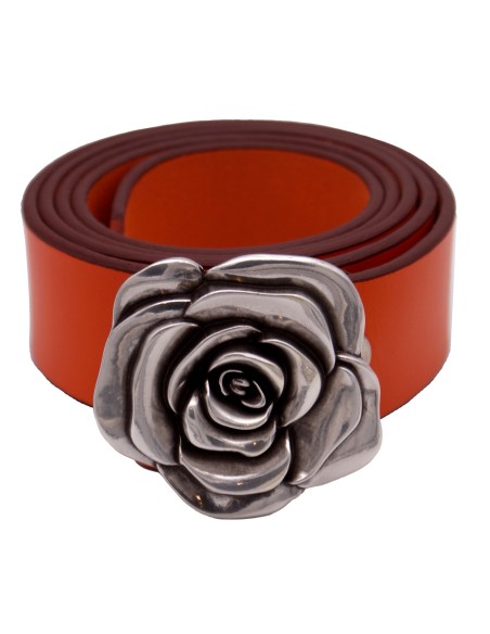Ceinture en cuir Orange 4 cm boucle Fleur de Rose 57