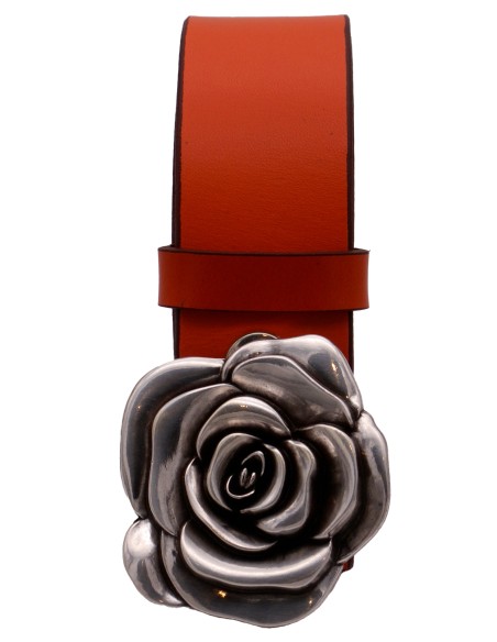 Ceinture en cuir Orange 4 cm boucle Fleur de Rose 57