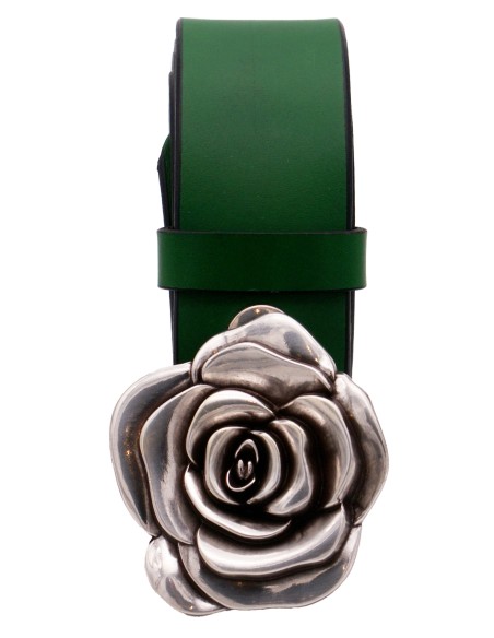 Ceinture en cuir Vert Forêt 4 cm boucle Fleur de Rose 57