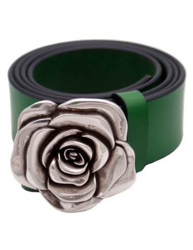 Ceinture en cuir Vert Forêt 4 cm boucle Fleur de Rose 57