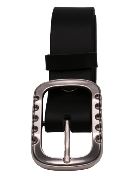 Ceinture en cuir noire 4 cm boucle double argentée brillante