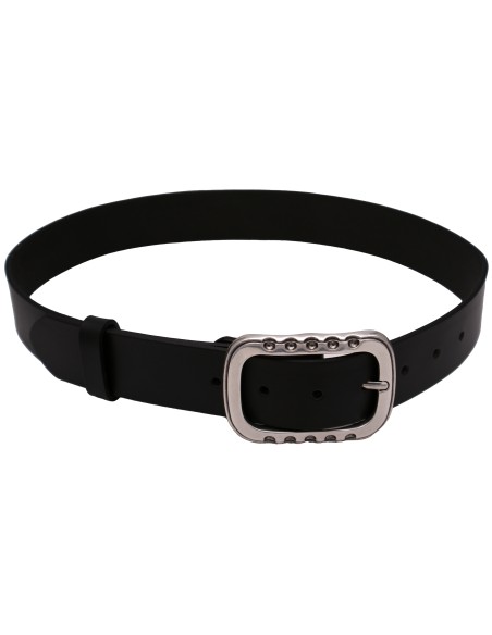 Ceinture en cuir noire 4 cm boucle double argentée brillante
