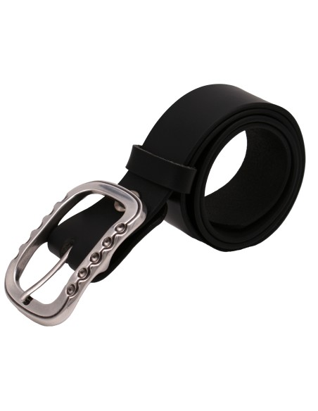 Ceinture en cuir noire 4 cm boucle double argentée brillante