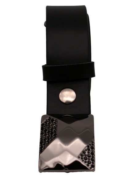 Ceinture en cuir noir 4 cm boucle strass facettes