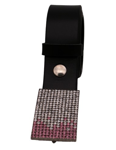 Ceinture en cuir noir 4 cm boucle strass rose...
